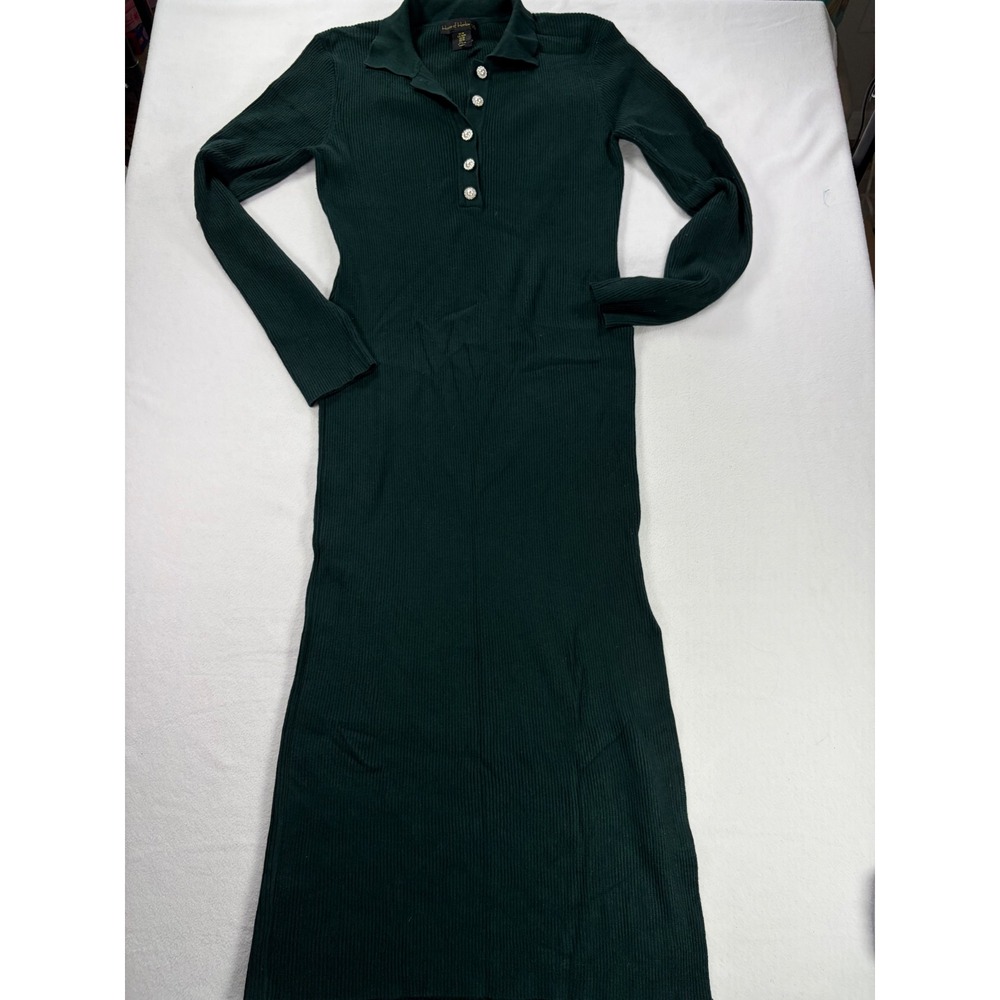 House of Harlow 1960 Green Ribbed Maxi Dress Pearl Buttons Size M Long Sleeve